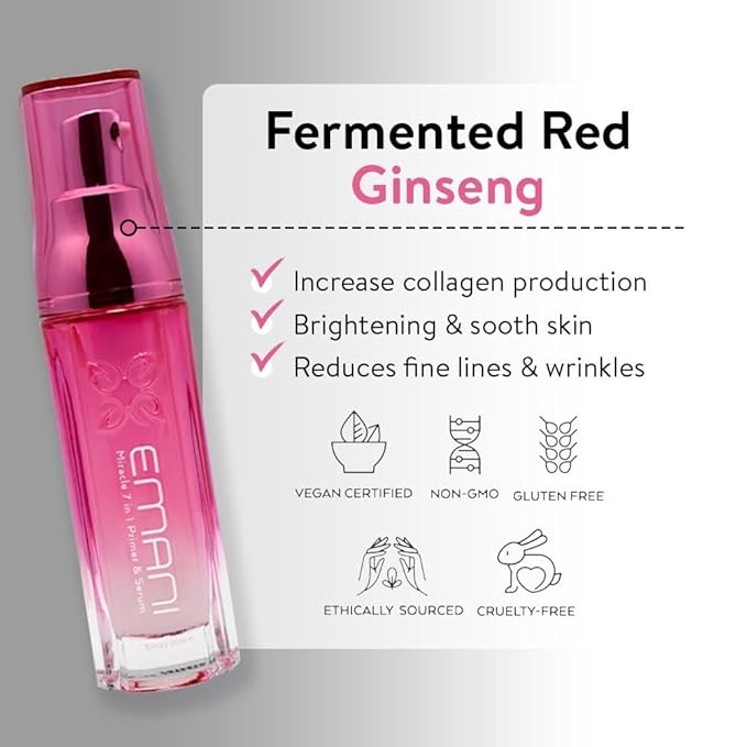 Emani Miracle 7-in-1 Primer and Serum for Face with Ginseng, Hyaluronic Acid, Silicone Free for Sensitive Skin, Pore-Minimizing, Brightening, Smoothing Makeup Base