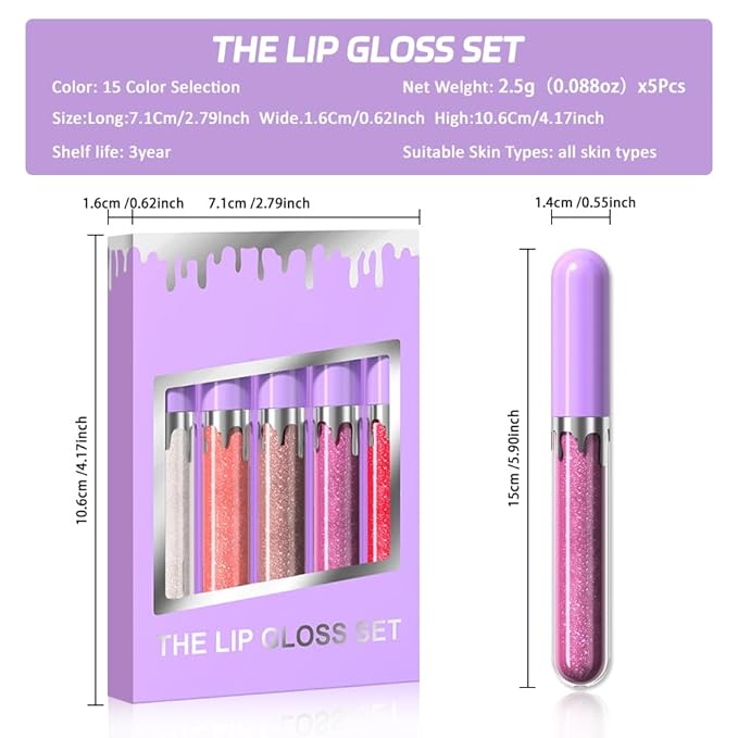 5Pcs Glitter Liquid Lip Gloss Set, Diamond Shimmer Lipstick, Waterproof Shimmer Lip Stain Lip Glaze, High Shine Long Lasting Shiny Lip Color Makeup (Set:Y-01)