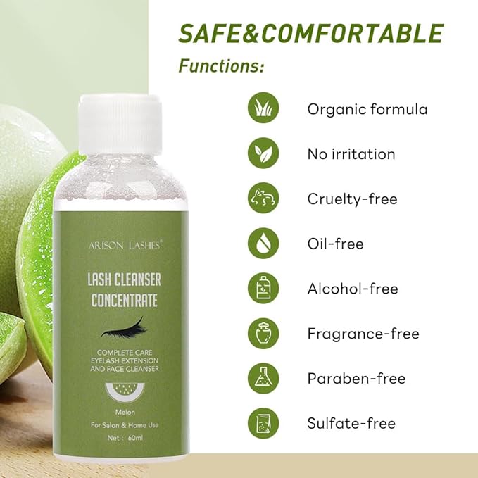 Eyelash Cleanser Concentrate 60ml Professional Lash Extensions Shampoo Natural Foaming Cleanser for Extensions Lashes with Salon Home Care-Makes 12 Bottles 60ml Eyelash Shampoo (melon)