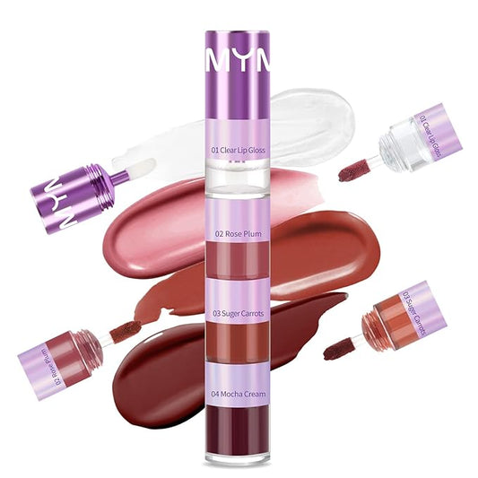 4 In 1 Lip Stain,3 Vivid Color Lip Tints and Clear Lip Gloss,Contains Lip Oil Gloss and Velvety Lip Tint for Matte/Plumping Glossy Lip Look,Moisturizing,Non-Sticky,Long-Lasting,Smudge-Proof