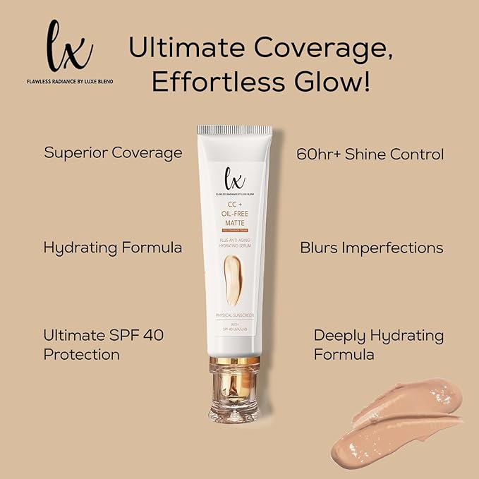 Lx Blend CC+ Cream | Oil-Free Matte Foundation with SPF 40 | Full Coverage, Anti-Aging, Long-Wear Hydrating Makeup for Oily Skin | Fragrance-Free, Shine Control, 1.08 FL OZ