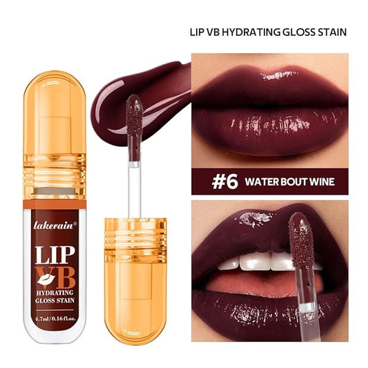 LIP VB Hydrating Gloss Stain – Lip Tint Gloss with 12HR Hydration Long-Lasting Moisture & Shine, Smooth Lip Stain with Glossy Finish, Non-Sticky, Rich Color for All Skin Tones (#6 WATER BOUT WINE, 1)