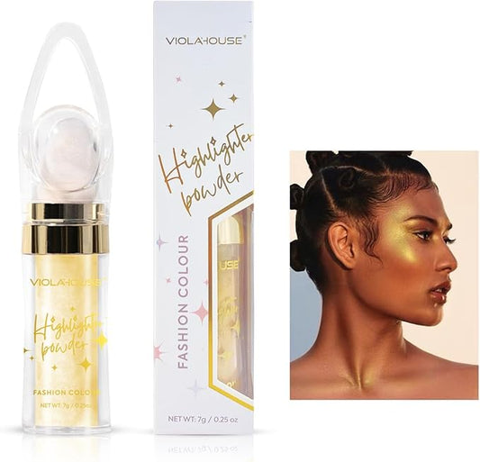 VIOLA HOUSE Highlighter Powder Stick, High Gloss Face Powder Stick,Shimmer Glitter Patting Powder for Festival Party Makeup Face, Hand, Body, Arms,Collarbones. 7g/0.25oz (Yellow)