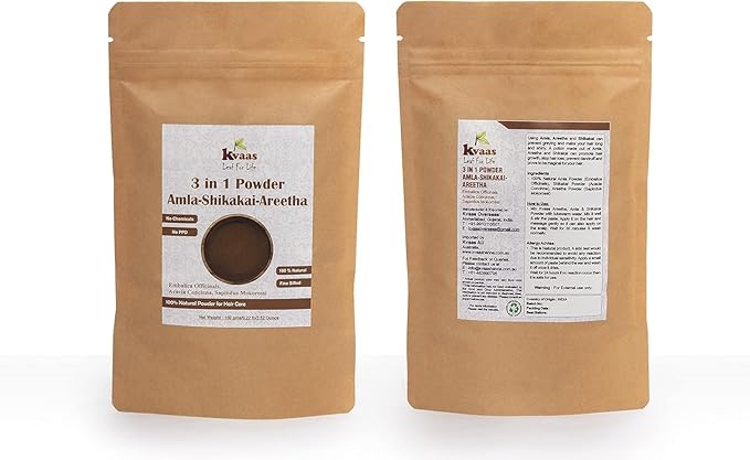 3 in 1 Powder Amla - Shikakai - Areetha Powder | 3.53 Oz (100 g) | Natural & Pure Mix Powder for Hair Care By KVAAS