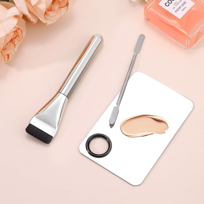3Pcs Makeup Mixing Palette Kit Including Foundation Spatula, Makeup Palette Tray, and Brushes for Women, Girl Korean Cosmetic Spatula Tool(Metal)