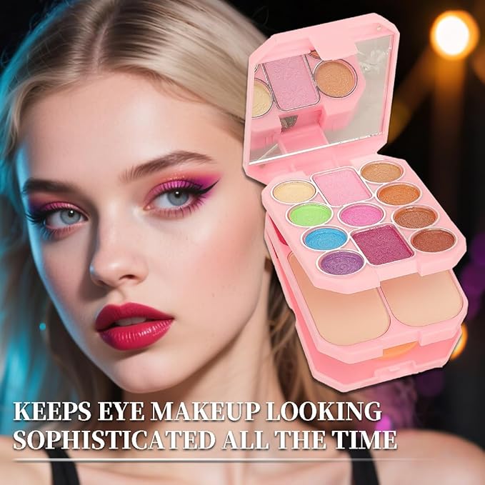 18 Color Beauty Makeup Palette Set Portable All-in-One 11 Eyeshadow 2 Blush 2 Shimmer 3 Lipstick Palette Kit with Dual-Ended Brushes, Travel-Friendly Cosmetic Case for Daily Party