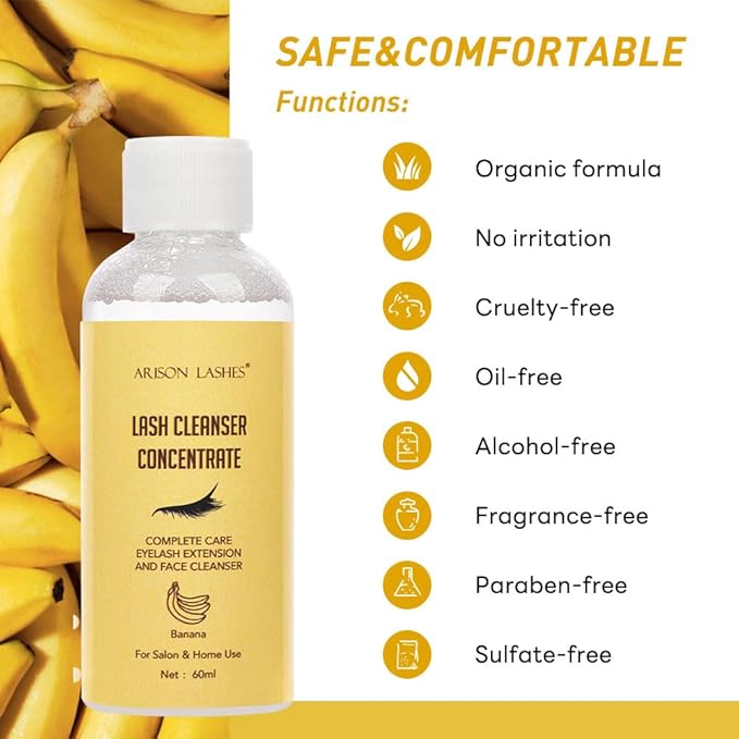 Eyelash Cleanser Concentrate 60ml Professional Lash Extensions Shampoo Natural Foaming Cleanser for Extensions Lashes with Salon Home Care-Makes 12 Bottles 60ml Eyelash Shampoo (bananas)