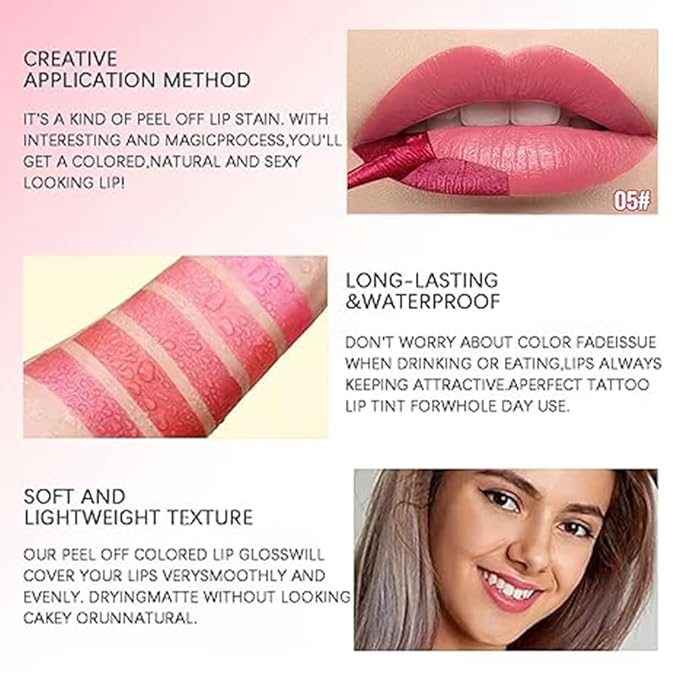 Peel Off Lip Tint, Waterproof Long Lasting Lip Stain, Matte Transfer-Proof Peel Off Lipstick, Non-Stick Cup Lip Color, Smudge-Free Lip Makeup for Women and Girls (05#, 1pc)