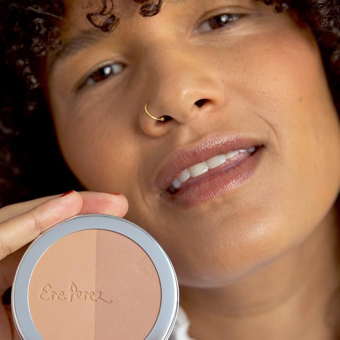 Ere Perez - Natural Rice Powder Blush + Bronzer Duo | Buildable, Breathable, Oil Absorbing, Medium Coverage | Vitamin E, Chamomile | Vegan, Cruelty-Free, Clean Beauty (Roma)