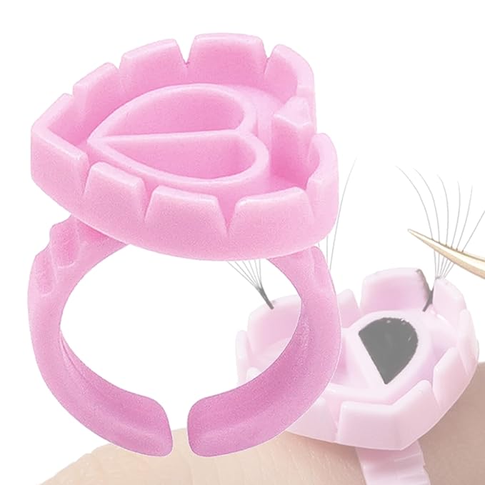 100 Pieces Lash Glue Rings, 2 in 1 Holder Open Ring(Simple Packaging)-(Pink Heart Shape)