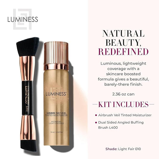 LUMINESS Airbrush Veil Tinted Moisturizer with Buffing Brush, Medium Warm 050 - Lightweight, Hydrating & Skin-Plumping Face Moisturizer Spray - Facial Skin Tint with Hyaluronic Acid, Ceramides & Aloe