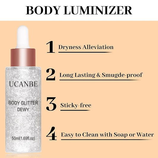 UCANBE Highlighter Makeup Drops Body Glitter Dewy Liquid Face Glow Shimmer for Women Holographic Luminizer Sparkles for Face (Silver Fairy White - 02)