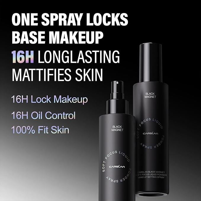 Black Magnet Soft Focus Powder+24H Longlasting Cover Liquid Foundation Makeup+Setting Spray, Summer Longwear Matte Face Makeup Set