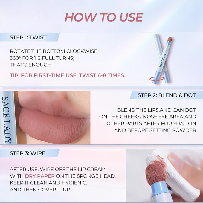 SACE LADY Matte Lipstick Set, Long Lasting Air Cushion Lip & Cheek Cream Non-Stick Cup, Ultra-Smooth Pigmented Non-drying Lip Color for Face Makeup Kit 3Pcs (V03+V04+V05, 3pcs)