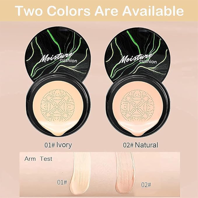 Mushroom Head Air Cushion CC Cream Foundation, Moisturizing BB Cream Foundation, Long-Lasting Blemish Coverage, Matte Even Skin Tone Nude Makeup Base Primer (02#, Natural)