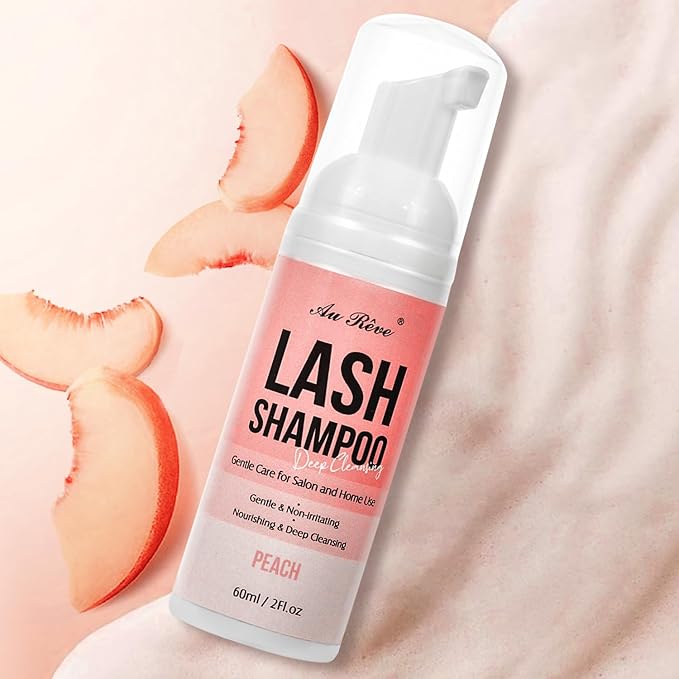 Lash Shampoo for Lash Extensions 60 Ml/2fl.oz Eyelash Extension Cleanser Oil Free Lash Cleanser for Eyelash Care, Gentle Foaming Eyelash Shampoo with Brush for Salon Home Care (Peach 60ml)