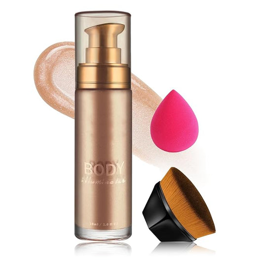 Body Shimmer Oil Body Luminizer Glow For Face,Moisturizing Smooth Shimmer Body Lotion Waterproof Liquid Highlighter Makeup with Makeup Brush-101 Rose Gold