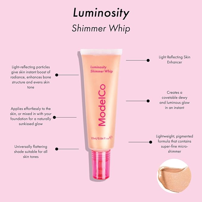 ModelCo Luminosity Shimmer Whip Highlighter - Universally Flattering - Suitable For All Skin Tones - Creates A Glowing Complexion - Lightweight And Pigmented - Evens Skin Tone - Champagne - 0.84 Oz