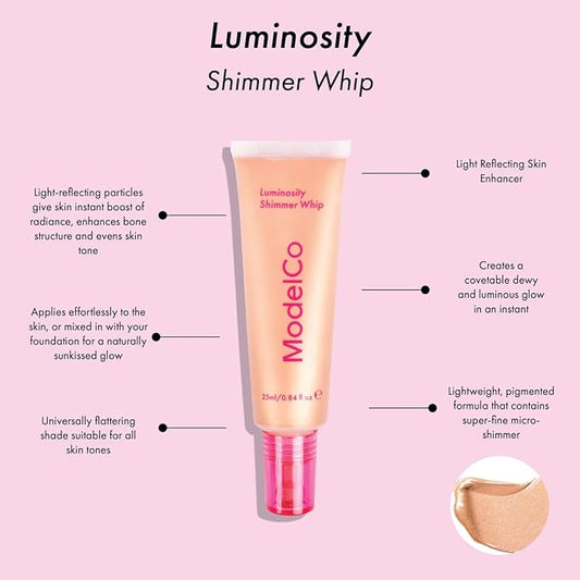 ModelCo Luminosity Shimmer Whip Highlighter - Universally Flattering - Suitable For All Skin Tones - Creates A Glowing Complexion - Lightweight And Pigmented - Evens Skin Tone - Champagne - 0.84 Oz