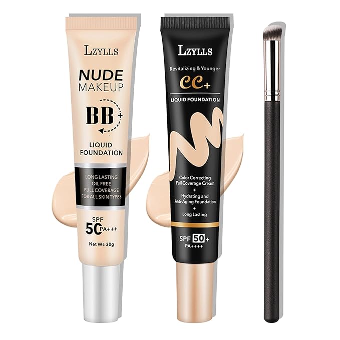 2 Pack Full Coverage Liquid Foundation,Moisturizing BB Cream Foundation Makeup Set with Foundation Brush,Oil Control Long Lasting Waterproof Concealer CC Cream Foundation for Women(Natural)