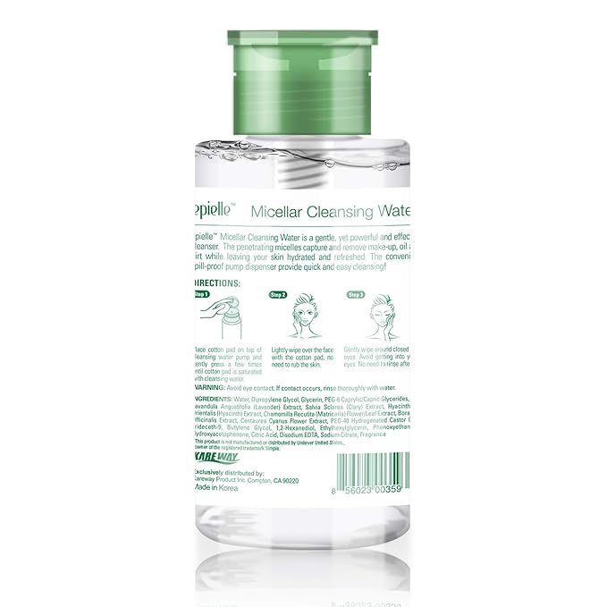 Epielle Micellar Cleansing Water | Makeup Remover for All Skin Types | Gently Cleanses Skin | 8 Fl Oz (1 Pack) | Ideal for Beauty Gifts, Spa Days, Gift Sets | Korean Skincare