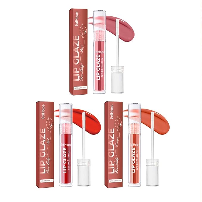 Glossy Lip Tint Set,Moisturizing and Non-stick Cup Lip Tint,3 Pcs Plumping Long-Lasting and Colorfast Mirror Finish Lip Stain
