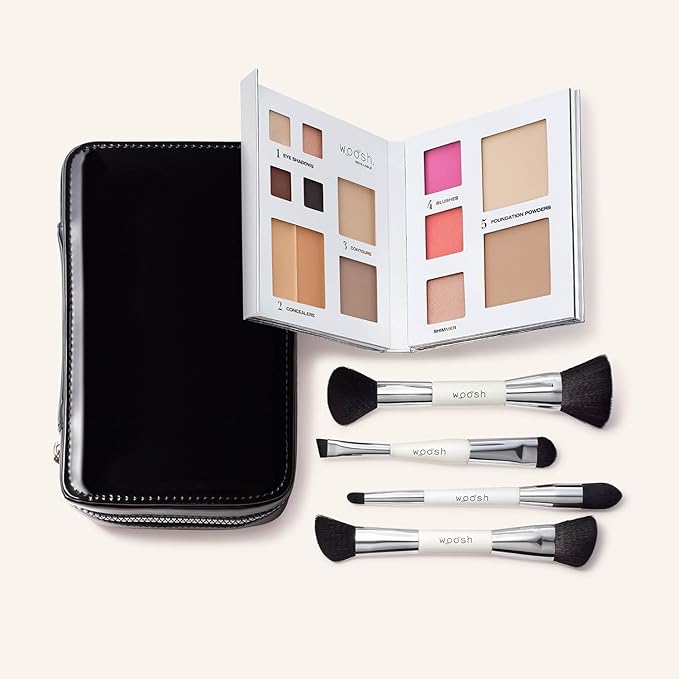 Woosh Beauty, Jetsetter Bundle, Fold out Face Original, Essential Brush Set, Travel Case in Black, Shade #2 Light Medium