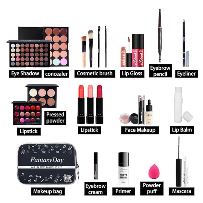 All in One Makeup Kit for Women Full Kit Girls Makeup Gift Sets Xmas Essential Bundle Include Eyeshadow Palette Lipstick Blush Concealer Eyeliner Mascara Foundation Brush Eyebrow Pencil