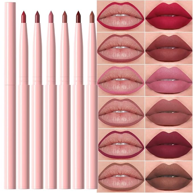 Kaely 6Pcs Retractable Lip Liner Pencils Set for Shaping & Sculpting Lips, Ruby Mauve Red Rose Nude Pink Plum Purple Taupe Brown Creamy Matte Velvet Pigmented Rich Lip Colors Liner Crayon Lipstick 02