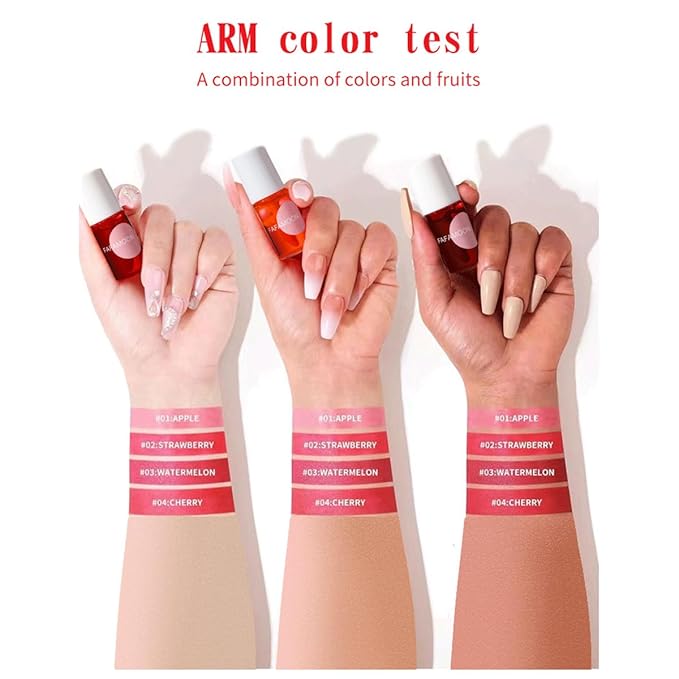 4PCS Korean Lip Gloss Set, Lip Tint Stain Set,Mini Liquid Water Tint,Moisturizing Natural,Long Lasting Waterproof,Multi-Use Lip and Cheek Tint(Apple& Strawberry& Watermelon& Cherry)