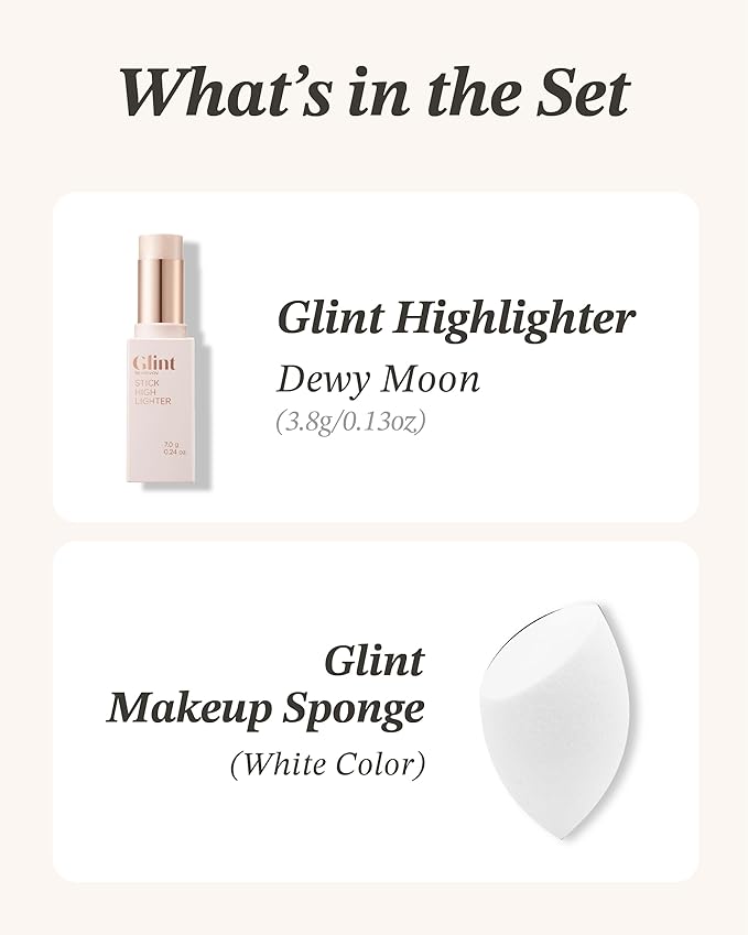 Glint Stick Highlighter Special Set (Dewy Moon(Set), 0.24oz + Egg-Shaped Makeup Sponge) - Multi-Use Illuminator Stick. Korean Makeup by LG Beauty. Creamy & Blendable Color.