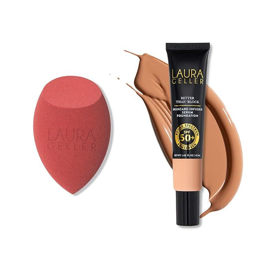 LAURA GELLER Better Than 'Block Skincare-Infused Serum Foundation with SPF 50 Broad Spectrum Protection, Golden Medium + Latex-Free Full Face Makeup Blending Sponge