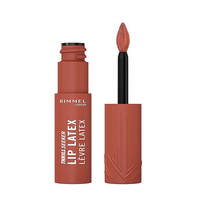 Rimmel Thrill Seeker Lip Latex, 250 Honey Bun, Liquid Lipstick, Lipgloss, Lip Colour, Hyaluronic Lipstick, Lip Stain, Smooth Shine, Hydration, Hyaluronic Acid, Vitamin E, Aloe Vera, 0.2oz