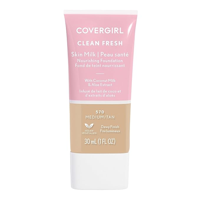 COVERGIRL Clean Fresh Nourishing Skin Tint, 570 Medium/Tan, Liquid Foundation, Dewy Finish, Infused with Coconut & Aloe, Vegan Formula
