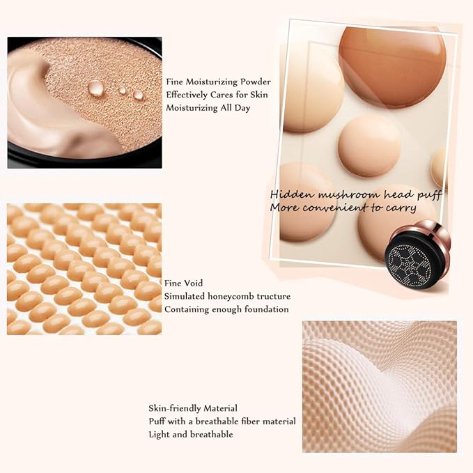 GL-Turelifes Mushroom Head Air Cushion Foundation CC Cream Water Feeling Flawless BB Cream Moisturizing Oil Control, Lightweight & Smoothing Natural Concealer (Ivory White)
