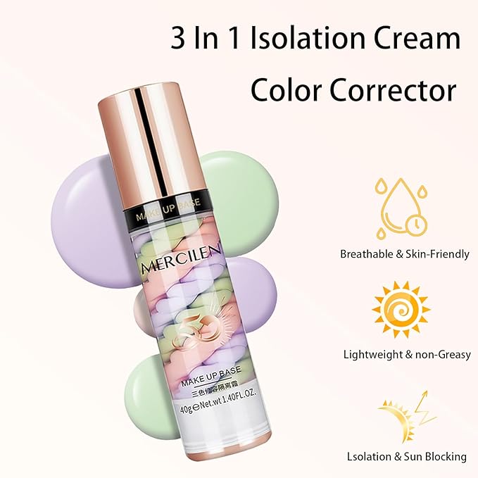 Primer Face Makeup Base, Color Corrector 3 In 1 Isolation Cream, Makeup Primer Skin Tone Correcting, Face Primer for Makeup Brightening Primer, Oil Control Hide Wrinkles and Fine Lines