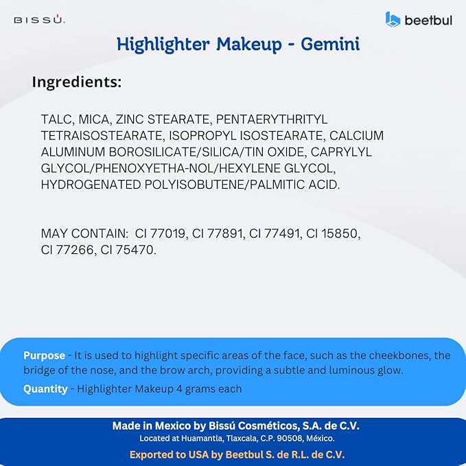Bissú Powder Highlighter Makeup – Lightweight, Silky Formula for Radiant Skin, Easy Application, 10 Versatile Shades (03 Gemini, 4.5 Grams)