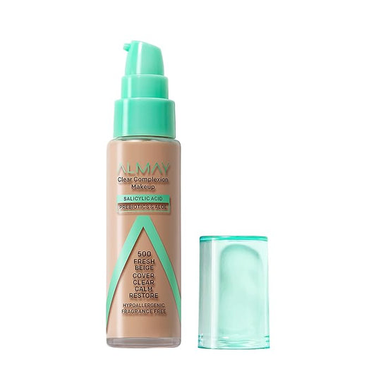 Almay Clear Complexion Acne Foundation Makeup with Salicylic Acid, Medium Coverage, Soft Matte Finish, Hypoallergenic, Cruelty- & Fragrance-Free, Dermatologist Tested, 500 Fresh Beige, 1 fl oz