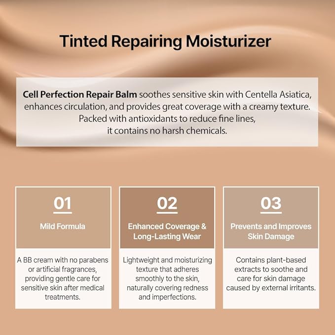 Cell Perfection Repair Balm 1.69 fl oz /50ml Tinted Repairing Moisturizing Soothing Cream K-beauty Mild Formula BB