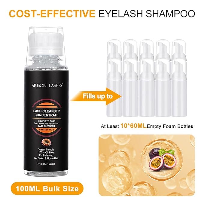 ARISON LASHES Eyelash Cleanser Concentrate 100ml Lash Extensions Shampoo Natural Foaming Cleanser DIY Non-lrritating 20 Bottles 60ml lash Shampoo(Passion Fruit)