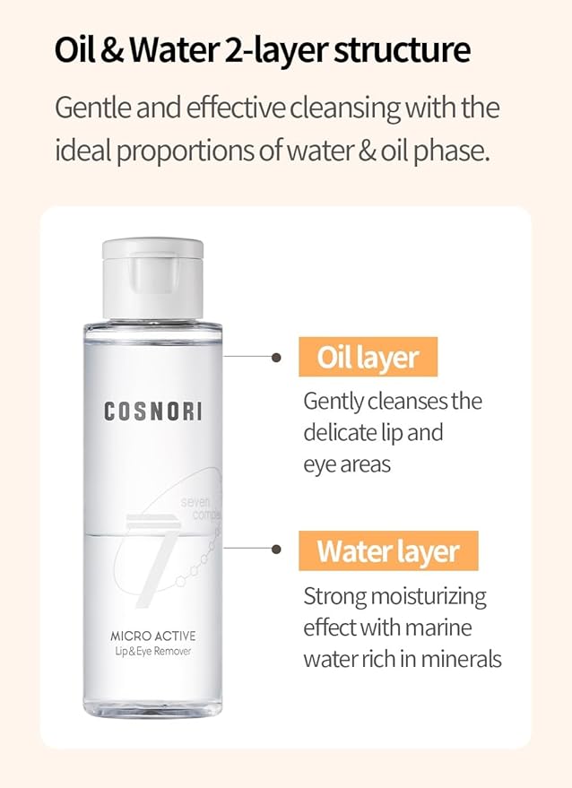 COSNORI Micro Active Lip and Eye Make-up Remover – Vegan, Hypoallergenic, Hydration Booster, Gentle Face Cleanser for Sensitive Skin, 7 Natural Extracts, Deep-sea Water, 3.4 fl.oz (100ml)