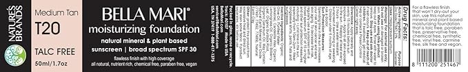 Bella Mari Natural Moisturizing Foundation, Medium Tan (T20); 1.7floz Glass