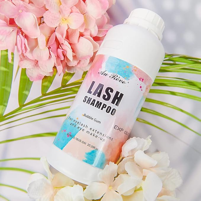 Eyelash Extension Cleanser Lash Shampoo Eyelash Extension Shampoo Lash Bath Cleaning Kit for Eyelash Care, Paraben & Sulfate Free for Salon Home Use (Bubble Gum 600ml)