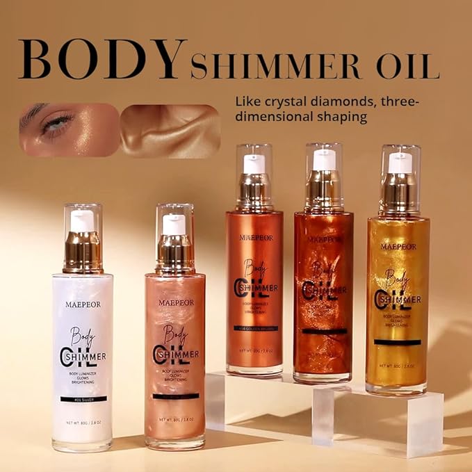 MAEPEOR Shimmer Body Luminizer 5 Colors Moisturizing Glow Illuminator Smooth and Non-sticky Summer Highlighter For Face and Body (80ML, 01 Silver)
