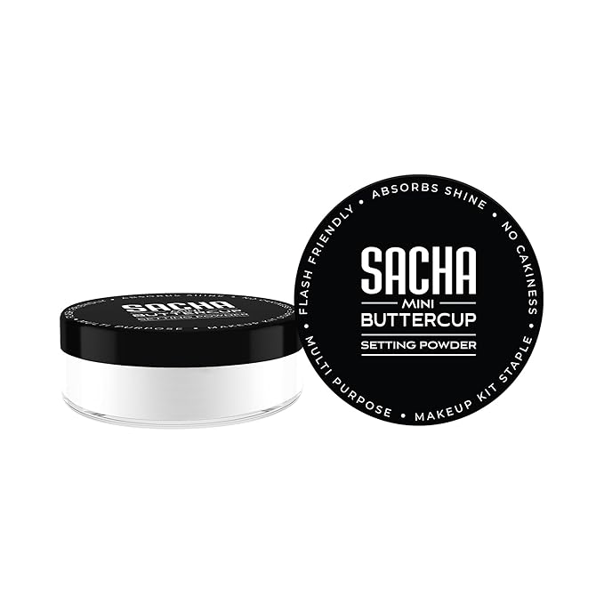 Sacha BUTTERCUP No Color Mini Setting Powder. No Ashy Flashback. Blurs Fine Lines and Pores. Loose, Translucent Face Powder to Set Makeup Foundation or Concealer. For All Skin Tones, 0.35 oz.