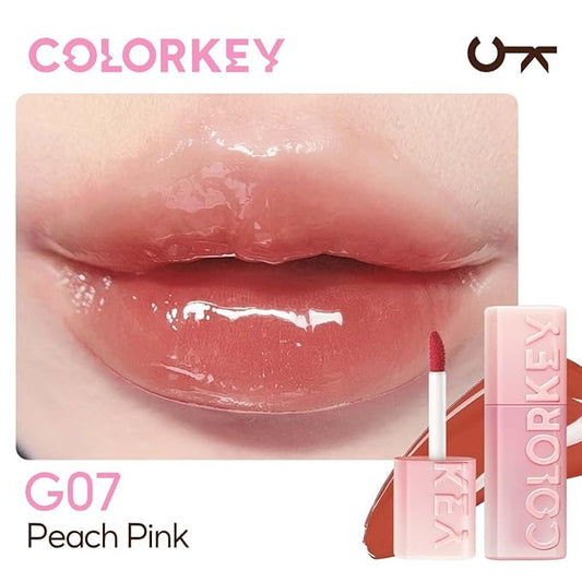 COLORKEY 3D Plump Oil Lip Gloss, High-shine Finish, Lip Tint, Moisturizing, Non-Sticky, Clear and Natural, Glassy Shine (G07 Peach Pink, 3ml)