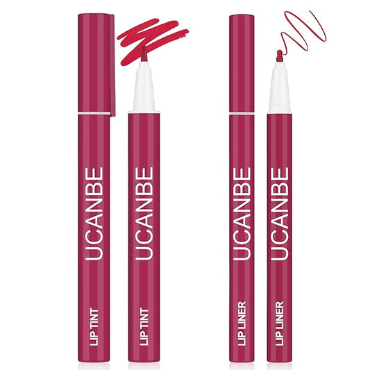 UCANBE 2pcs Matte Lip Tint Stain Set, 1 Lip Stain & 1 Lip Liner Pencil, Long Lasting Waterproof Lightweight Non-sticky Liquid Lipstick for Women & Girl (04 ROSEWOOD)