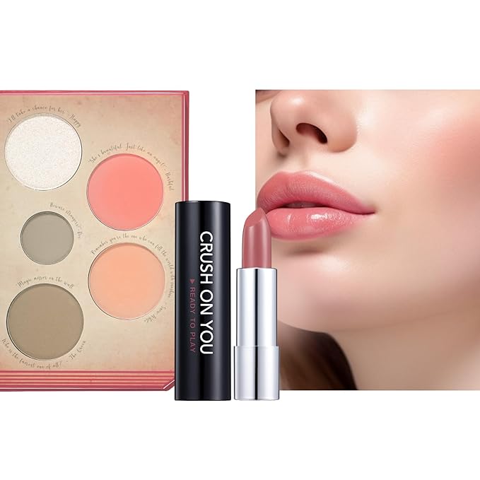 Snow Kissed Beauty Duo: READY TO SHINE CRUSH ON YOU Lipstick 301 & Snow Bright Contour Highlight Blush Makeup Palette