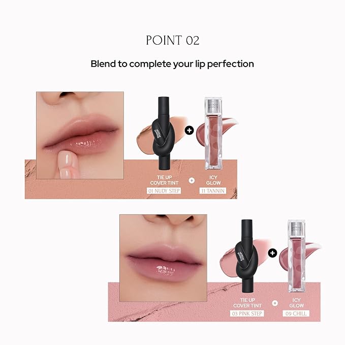 Cover & Shine Set - Grape Mauve, Tie up Cover Tint 03 Pink Step & Icy Glow 04 Divine, K-Beauty Matte Lip base Gloss
