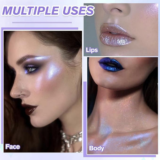 Duochrome Face Highlighter Makeup, Chameleon Holographic Highlighter Mineral Powder for Face Body, Waterproof Blue Purple Glowing Iluminadores de maquillaje with Shine Silky Smooth Highlighting, #05